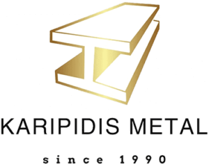 Λογότυπο του Karipidis Metal, που απεικονίζει ένα στυλιζαρισμένο ητα δοκό πάνω από το κείμενο "KARIPIDIS METAL από το 1990", γιορτάζοντας την 35χρονή εμπειρία του στο εμπόριο σιδήρου.