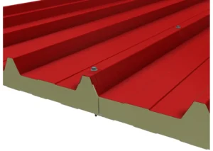 πανελ για οροφή, σε κόκκινο χρώμα, το πάχος του φαίνεται με κίτρινο χρώμα και ξεκινά από τα 3cm. Τα πάνελ είναι ενωμένα μεταξύ τους με αυτοδιατρητη βίδα