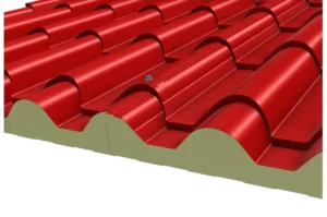 πάνελ πολυουρεθάνης σα κεραμίδι σε φυσικό χρώμα χρώμα με το πάχος της πολυουρεθάνης να είναι υψηλό εξασφαλίζοντας την κορυφαία μόνωση για την οροφή.