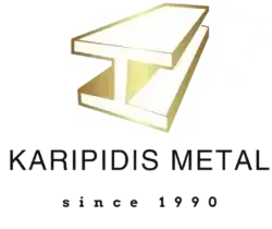 Χρυσό μεταλλικό λογότυπο σε μορφή σιδήρου με KARIPIDIS METAL γραμμένο. Από το 1990, με εξειδίκευση στο εμποριο σιδηρου. Κατάστημα που βρισκεις όλα τα υλικά μεταλλικών κατασκευών.