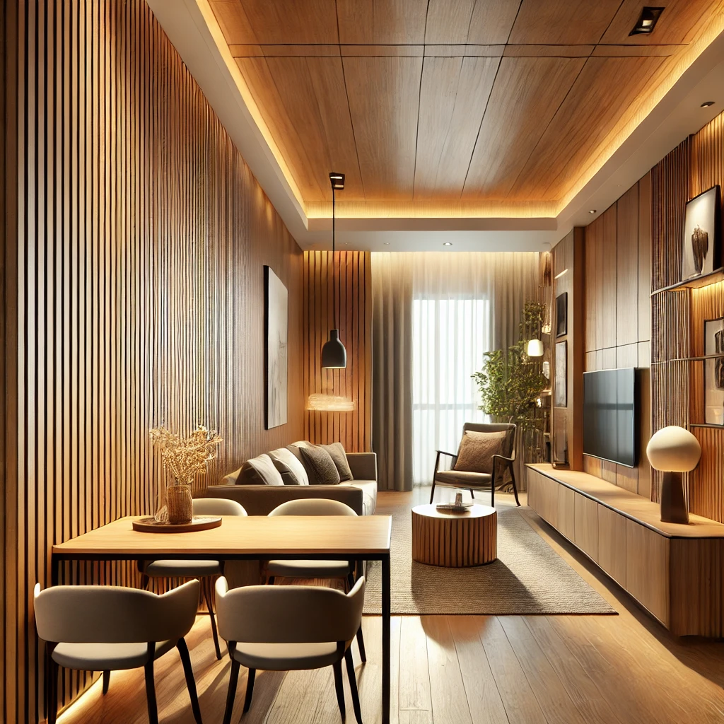 Ένας μοντέρνος εσωτερικός χώρος με κομψή επένδυση τοίχου WPC (σύνθετο ξύλο-πλαστικό). Τα πάνελ WPC είναι διατεταγμένα οριζόντια σε ζεστό τόνο ξύλου,.