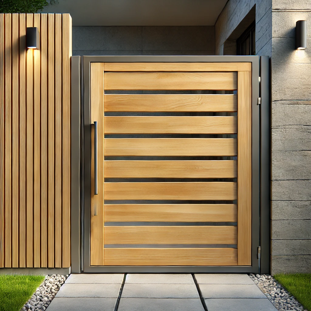 Πόρτα από WPC (σύνθετο ξύλο-πλαστικό) σε ανοιχτόχρωμο ξύλο δρυός ή ξανθό φινίρισμα, σχεδιασμένο με μοντέρνα αισθητική. Η πόρτα διαθέτει οριζόντια πηχάκια,