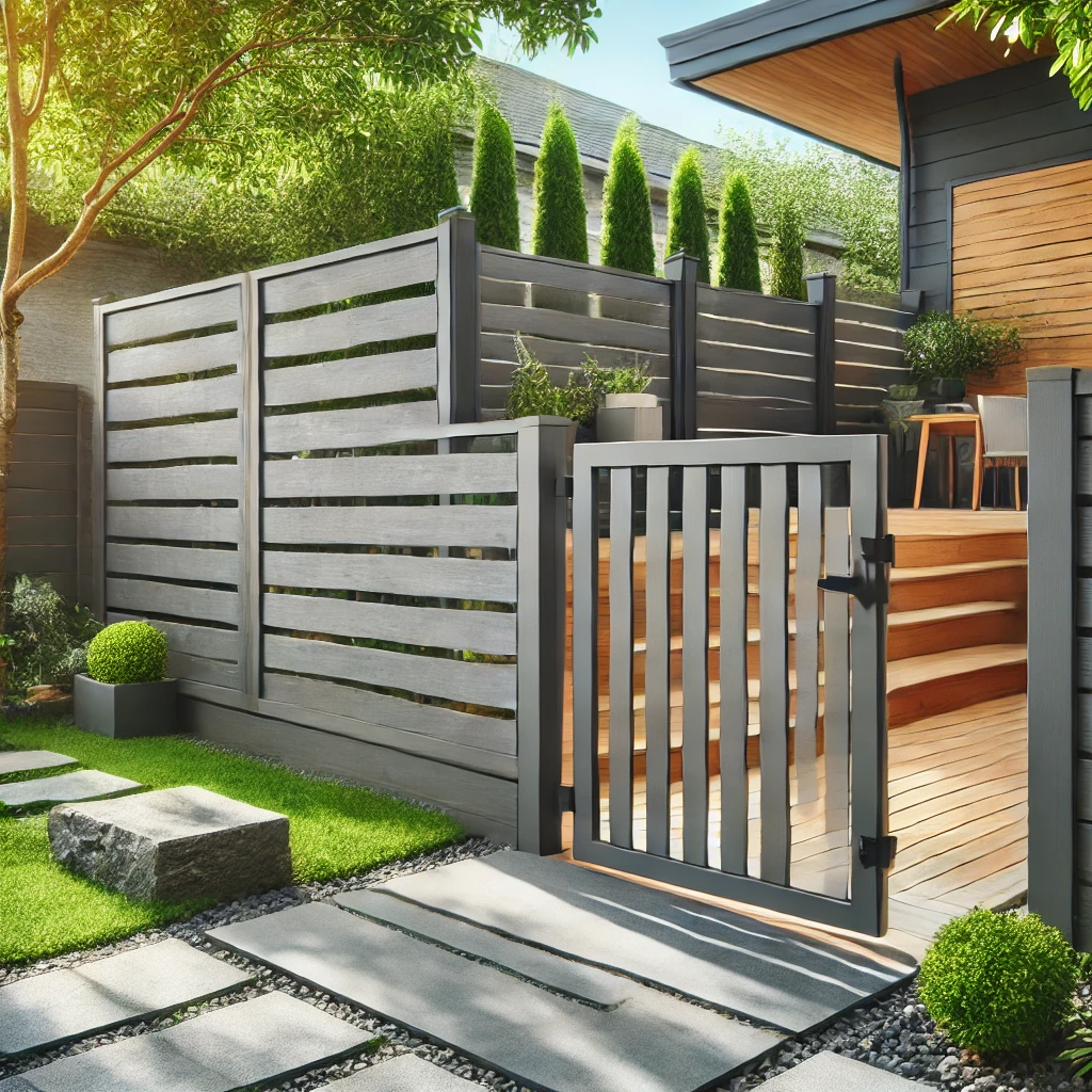 γκριζα πορτα απο ντεκ περιφραξησ