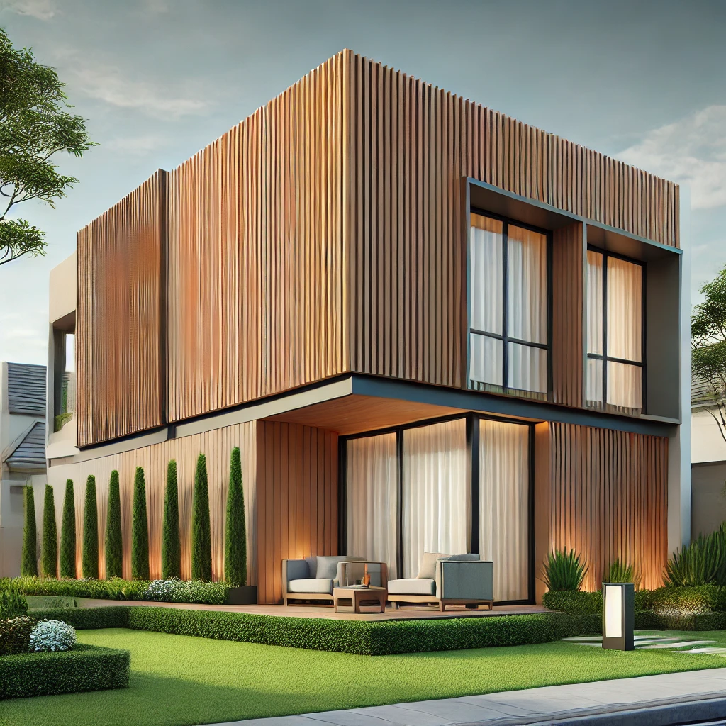 Μια μοντέρνα μονοκατοικία με εξωτερική επένδυση τοίχου από πάνελ WPC (σύνθετο ξύλο-πλαστικό) σε ζεστό τόνο ξύλου. Τα πάνελ WPC είναι διατεταγμένα.