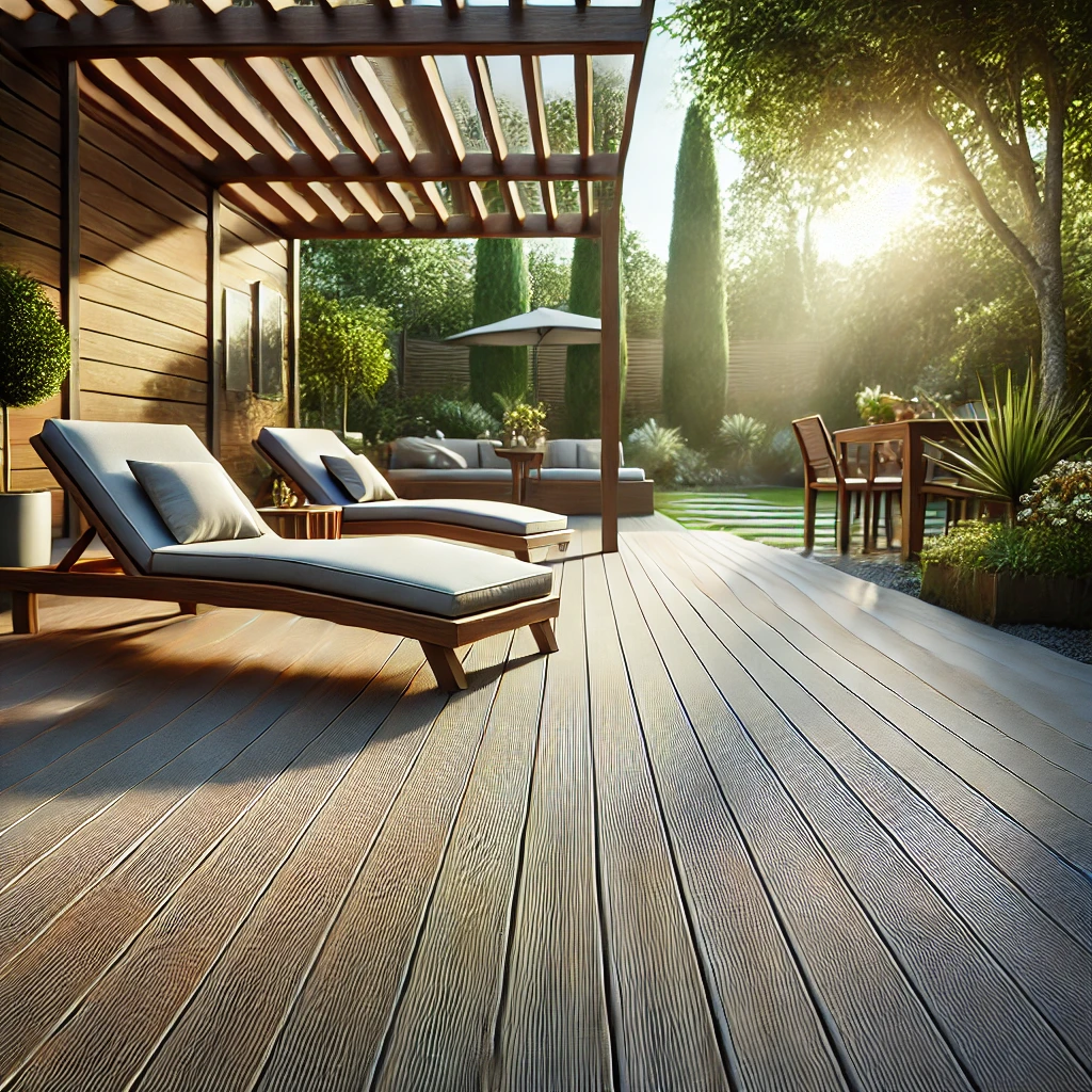 Πολυτελής χώρος πισίνας με ξύλινο πλαστικό σύνθετο κατάστρωμα (WPC). Το κατάστρωμα περιβάλλει την πισίνα, παρέχοντας ένα αντιολισθητικό και κομψό