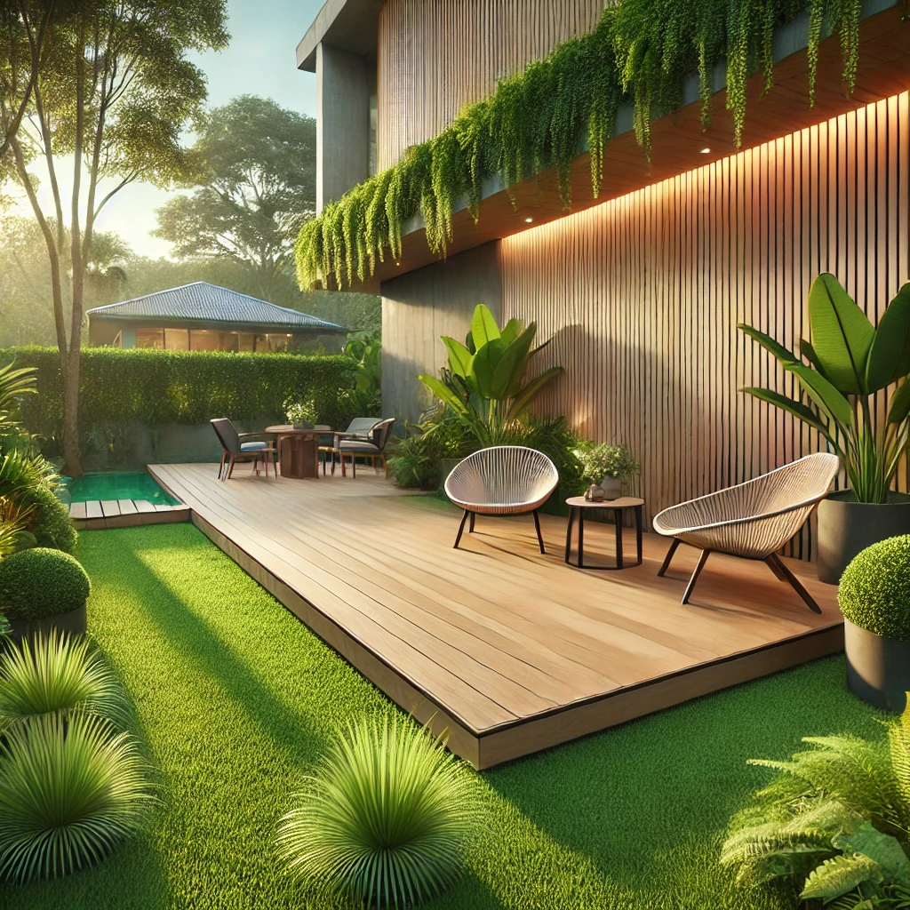 Ένας όμορφος εξωτερικός χώρος με ξύλινο σύνθετο υλικό (WPC) που περιβάλλεται από καταπράσινο γρασίδι. Το κατάστρωμα έχει φυσική υφή σαν ξύλο